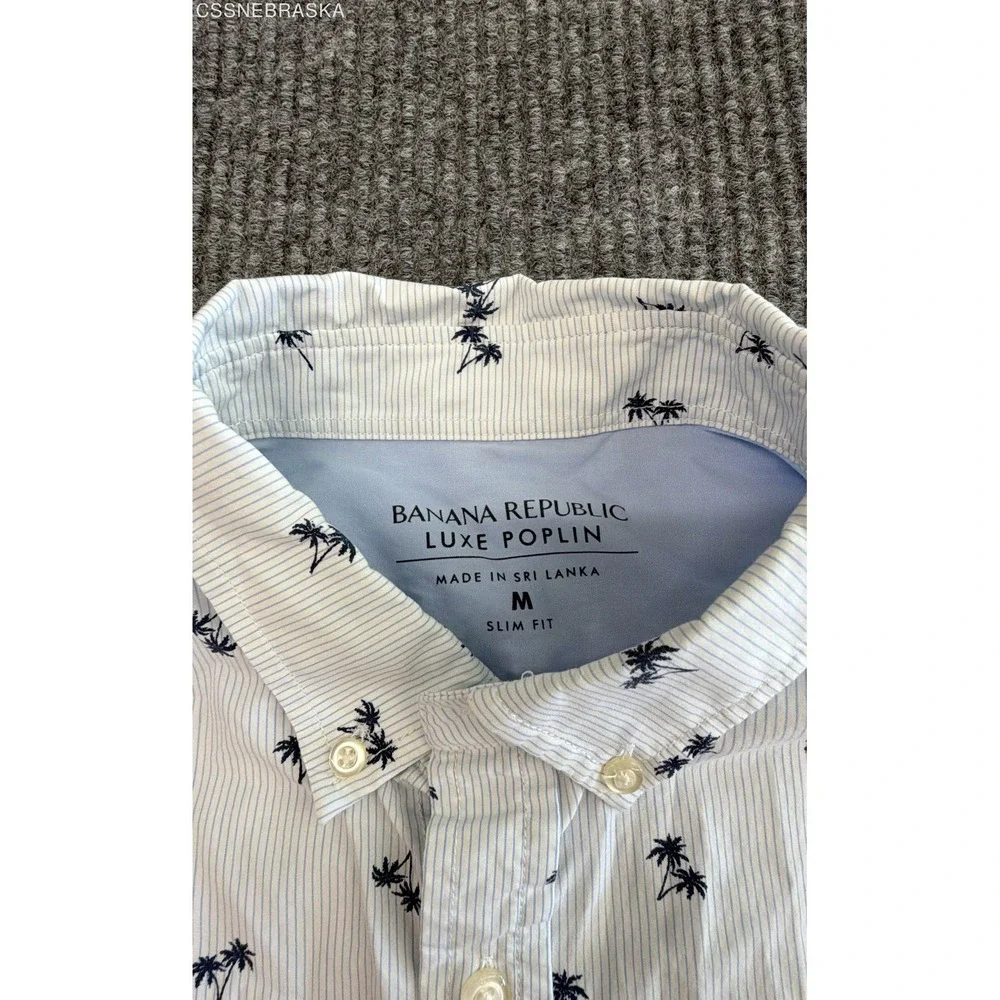 Banana Republic Men's Luxe Poplin Slim Fit Blue Striped Palm Tree Shirt Sz M